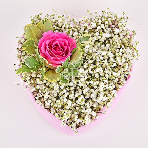 Романтика - сердце с гипсофилой и розовыми розами